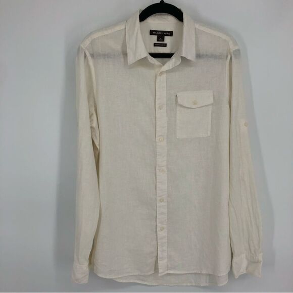 Michael Kors Shirt Mens Medium Classic Fit Linen White Long Sleeve Roll Tab - Picture 1 of 12